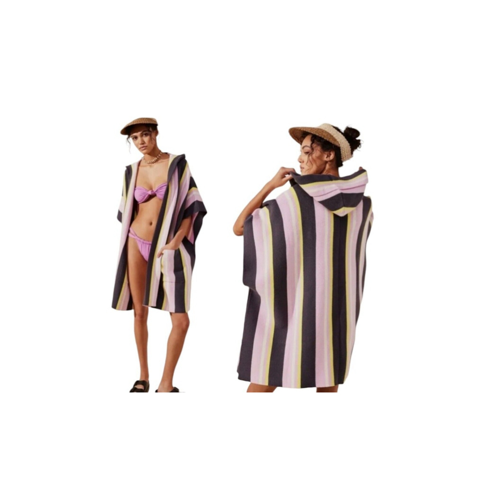 Free People All I Need Cozy Striped Hooded Knit Kimono Poncho OS